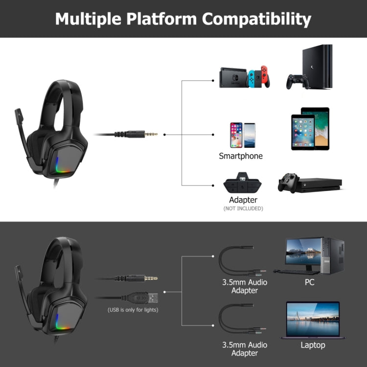 Cuffie da gioco stereo K20i con microfono RGB Light per XBox One / Laptop Tablet, K20i