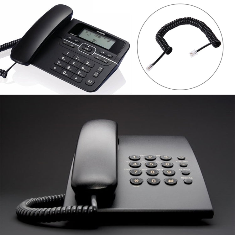 Cavo prolunga telefonico a molla RJ11 a 4 nuclei maschio-maschio, lunghezza elastica: 2 m (nero), Length: 2m