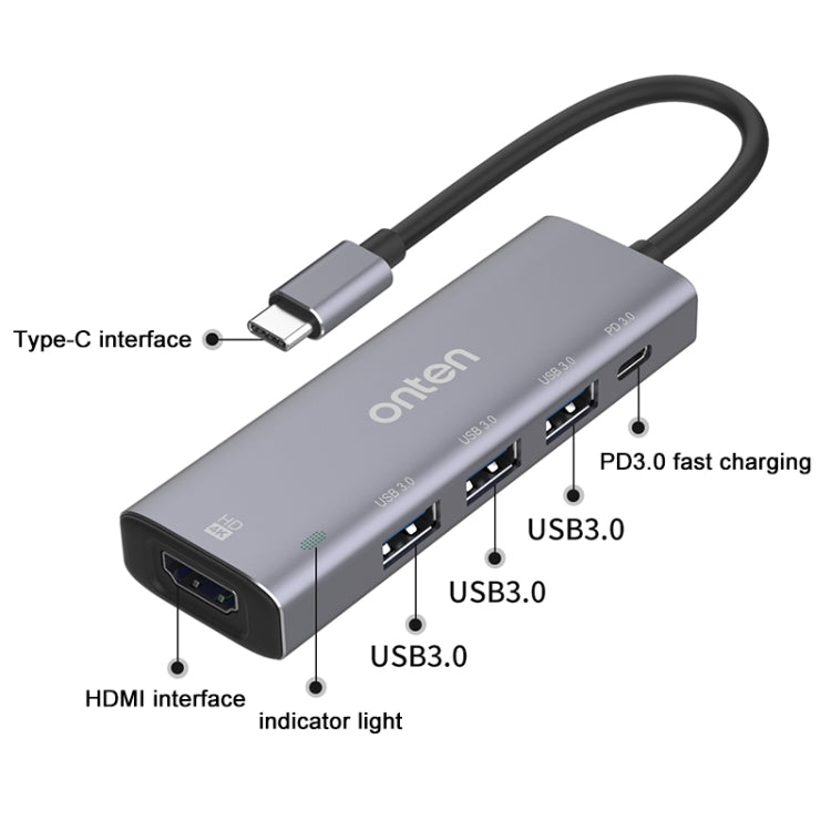 Onten OT-95123 Docking station multifunzione 5 in 1 tipo C + USB + HDMI, lunghezza cavo: 145 mm