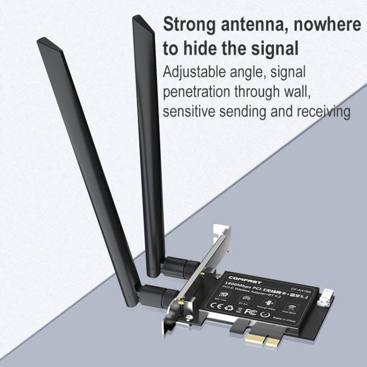 COMFAST CF-AX180 Scheda di rete wireless WiFi 6 da gioco a doppia frequenza Bluetooth 5.2 PCI-E da 1800 Mbps senza dissipatore di calore, CF-AX180