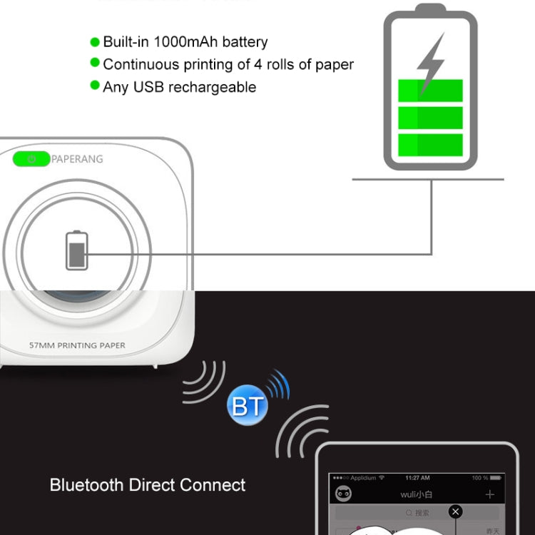 PAPERANG P1 Portable Printer ABS Bluetooth 4.0 Wireless Connection Photo Phone Thermal Printer, P1 White