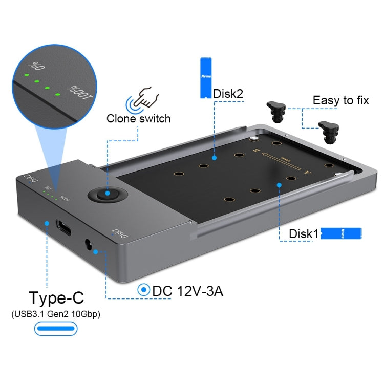 Docking station NVMe con doppia unità a stato solido M.2 USB3.1 Gen2 Rocketek ME921, presa UK, UK Plug