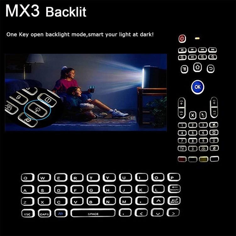 MX3-L Versione retroilluminata bianca Telecomando con tastiera wireless Fly Air Mouse da 2,4 GHz, White Backlit Version