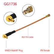Cavo adattatore IPX femmina a GG1736 MMCX femmina gomito RG178, lunghezza: 15 cm, IPX to GG1736 MMCX Male