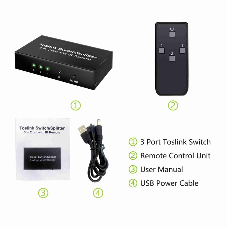 Interruttore/splitter Toslink 3 ingressi 2 uscite NK-T32 con telecomando IR