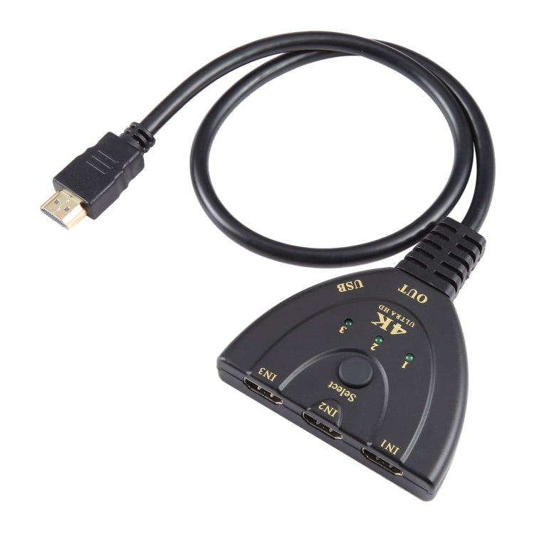 Switcher HDMI 3 x 1 4K 30Hz con cavo HDMI Pigtail, supporto alimentazione esterna, External Power Supply