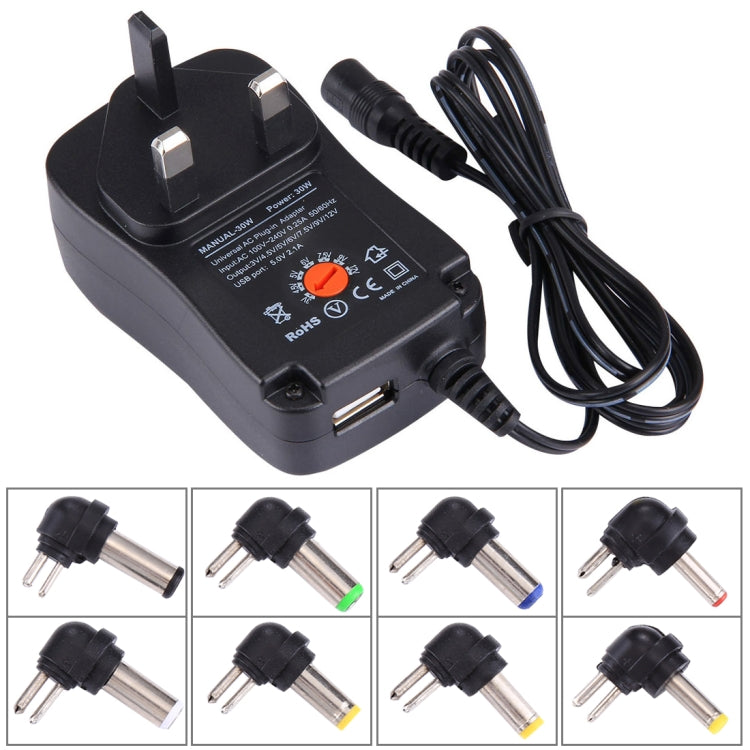 30W Universal UK Plug Wall Plug Adapter with 5V 2.1A USB Port, Tips: 8pcs, Cable Length: Approx. 1.2m, UK Plug