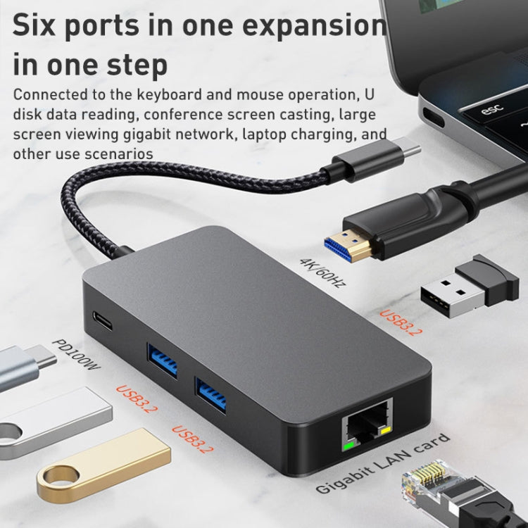 Adattatore HUB 6 in 1 USB-C a USB 3.2 con Ethernet Gigabit