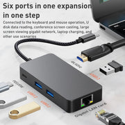 BYL-2308 6 in 1 da USB-C/Tipo-C a USB 3.2 + Internet Gigabit + Adattatore HUB HDTV, BYL-2308