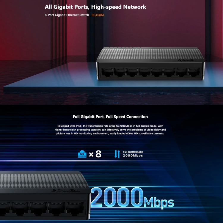 Tenda SG108M Tutte le porte Gigabit Rete ad alta velocità Switch Ethernet a 8 porte HUB LAN veloce da 1000 Mbps, SG108M
