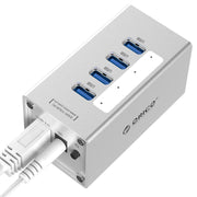 ORICO A3H4 HUB USB 3.0 a 4 porte ad alta velocità in alluminio con alimentatore 12V/2,5A per laptop, 4 Ports (Silver)