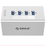 ORICO A3H4 HUB USB 3.0 a 4 porte ad alta velocità in alluminio con alimentatore 12V/2,5A per laptop, 4 Ports (Silver)