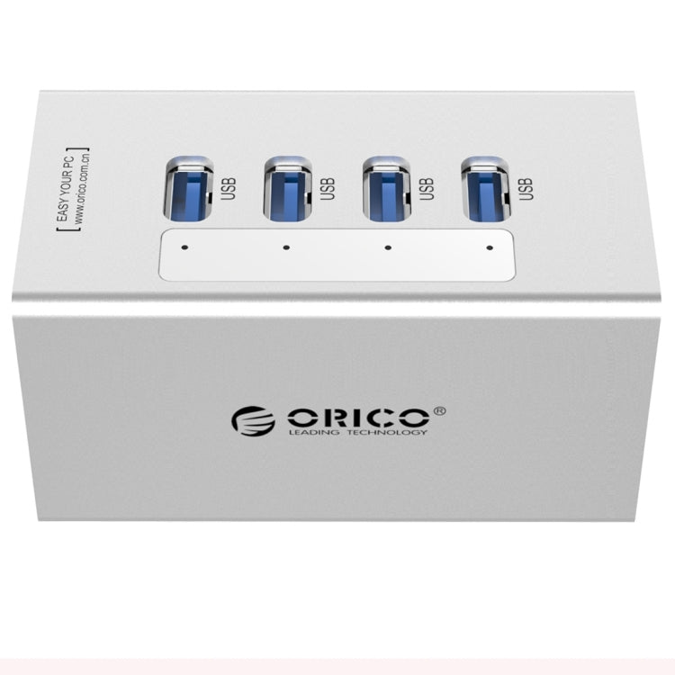 ORICO A3H4 HUB USB 3.0 a 4 porte ad alta velocità in alluminio con alimentatore 12V/2,5A per laptop, 4 Ports (Silver)