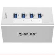 ORICO A3H4 HUB USB 3.0 a 4 porte ad alta velocità in alluminio con alimentatore 12V/2,5A per laptop, 4 Ports (Silver)