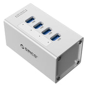 ORICO A3H4 HUB USB 3.0 a 4 porte ad alta velocità in alluminio con alimentatore 12V/2,5A per laptop, 4 Ports (Silver)
