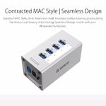 ORICO A3H4 HUB USB 3.0 a 4 porte ad alta velocità in alluminio con alimentatore 12V/2,5A per laptop, 4 Ports (Silver)