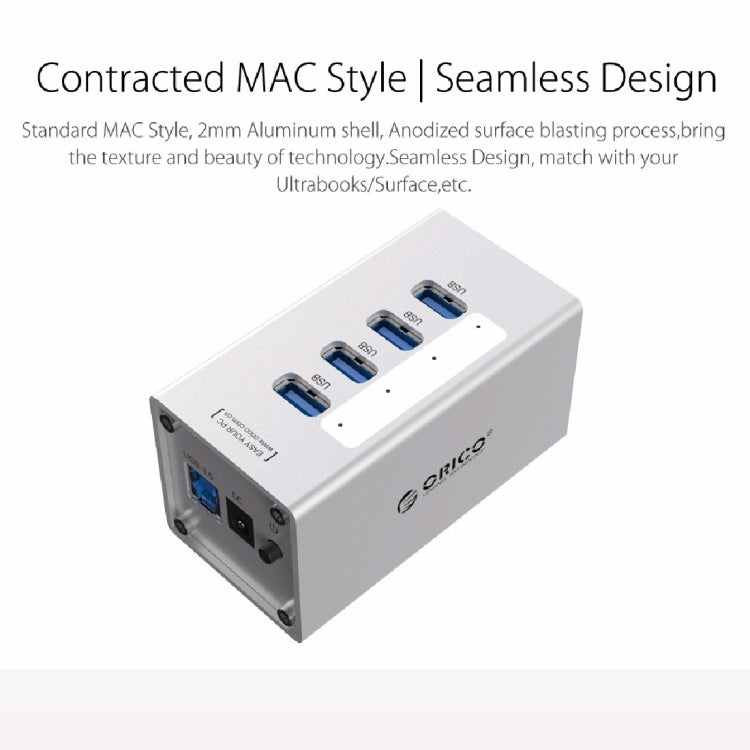 ORICO A3H4 HUB USB 3.0 a 4 porte ad alta velocità in alluminio con alimentatore 12V/2,5A per laptop, 4 Ports (Silver)