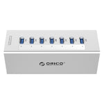ORICO A3H7 HUB USB 3.0 a 7 porte ad alta velocità in alluminio con alimentatore 12V/2,5A per laptop, 7 Ports (Silver), 7 Ports (Black)