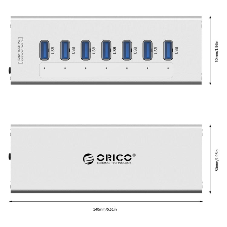 ORICO A3H7 HUB USB 3.0 a 7 porte ad alta velocità in alluminio con alimentatore 12V/2,5A per laptop, 7 Ports (Silver), 7 Ports (Black)