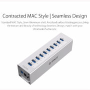 ORICO A3H10 HUB USB 3.0 a 10 porte ad alta velocità in alluminio con alimentatore per laptop, 10 Ports (Silver), 10 Ports (Black)