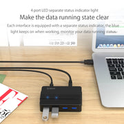 ORICO H4928-U3 HUB USB 3.0 a 4 porte in ABS ad alta velocità con alimentatore da 12 V per smartphone/tablet