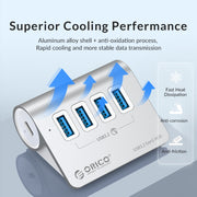 HUB ORICO M3U4 in lega di alluminio a 4 porte USB 3.2 Gen1 5 Gbps, M3U4 5Gbps