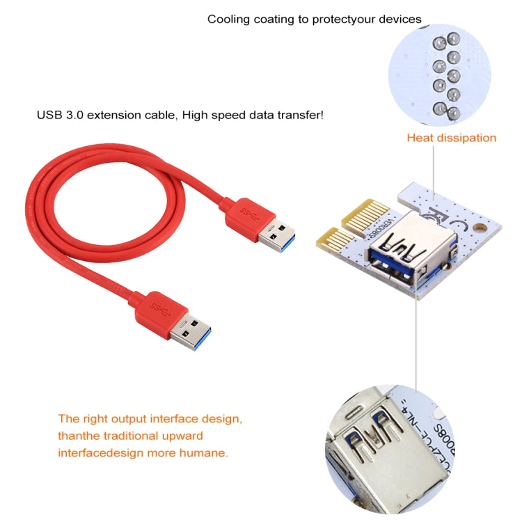 PCE164P-N06 VER008S USB 3.0 PCI-E Express Adattatore scheda riser extender PCI-E da 1 a 16x Alimentazione SATA a 15 pin Porta di alimentazione a 6 pin + 4 pin con cavo USB da 60 cm, VER008S Red