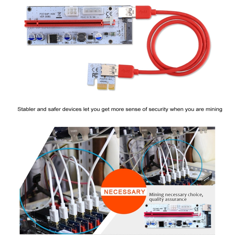 PCE164P-N06 VER008S USB 3.0 PCI-E Express Adattatore scheda riser extender PCI-E da 1 a 16x Alimentazione SATA a 15 pin Porta di alimentazione a 6 pin + 4 pin con cavo USB da 60 cm, VER008S Red
