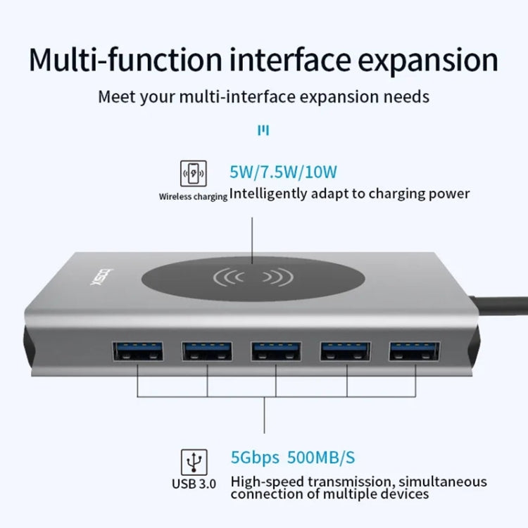 1093 Docking station HUB USB tipo C 13 in 1 con funzione di caricabatterie wireless, 1093