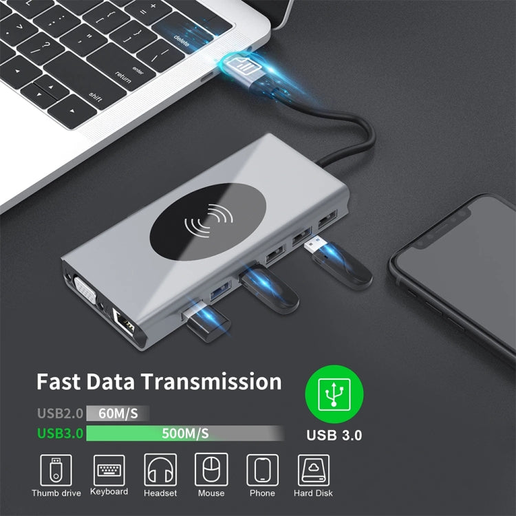 1093 Docking station HUB USB tipo C 13 in 1 con funzione di caricabatterie wireless, 1093