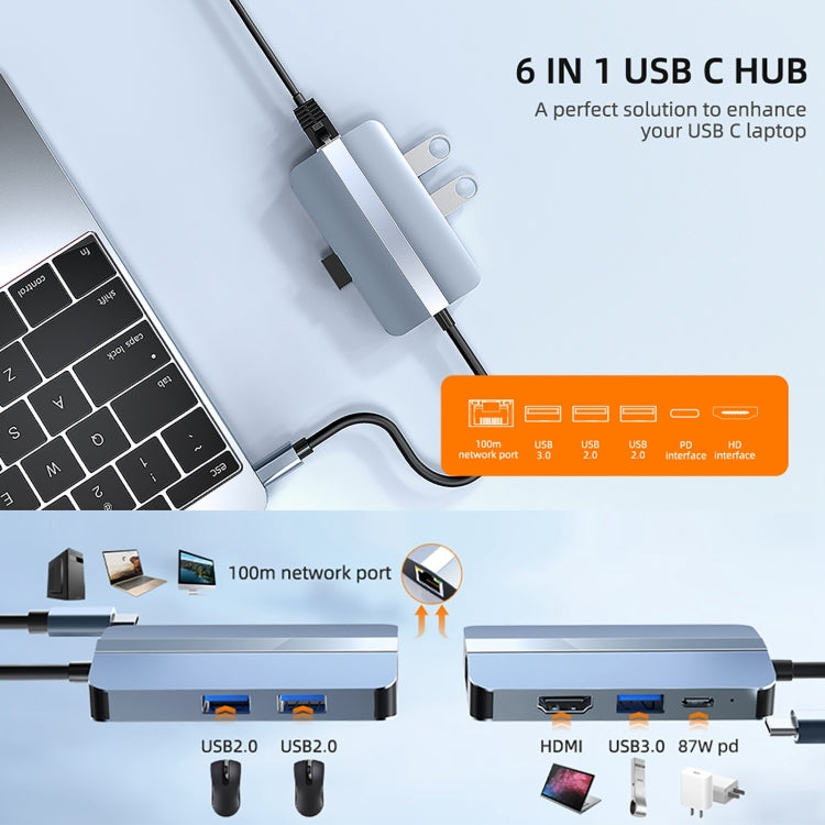 Adattatore HUB USB-C 6 in 1 con HDMI 4K e ricarica PD 87W