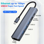 BYL-2210 Adattatore HUB docking station multifunzione da USB-C/Tipo-C a USB 6 in 1 con porta di rete 1000M, BYL-2210