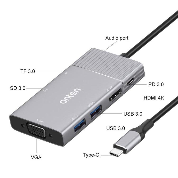 Hub USB-C 8 in 1 con HDMI, VGA, SD, TF e jack 3,5 mm