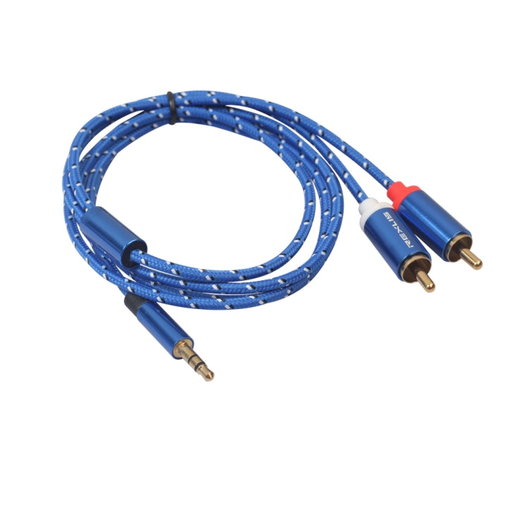 REXLIS 3610 Cavo audio intrecciato in cotone blu con spina placcata oro da maschio a doppio RCA da 3,5 mm per altoparlante attivo con interfaccia di ingresso RCA, lunghezza: 1 m