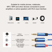 REXLIS 3610 Cavo audio intrecciato in cotone blu con spina placcata oro da maschio a doppio RCA da 3,5 mm per altoparlante attivo con interfaccia di ingresso RCA, lunghezza: 1,8 m, Length: 1.8m