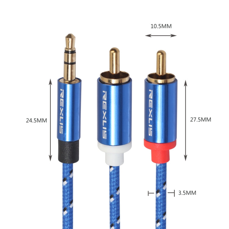 REXLIS 3610 Cavo audio intrecciato in cotone blu con spina placcata oro da maschio a doppio RCA da 3,5 mm per altoparlante attivo con interfaccia di ingresso RCA, lunghezza: 3 m, Length: 3m