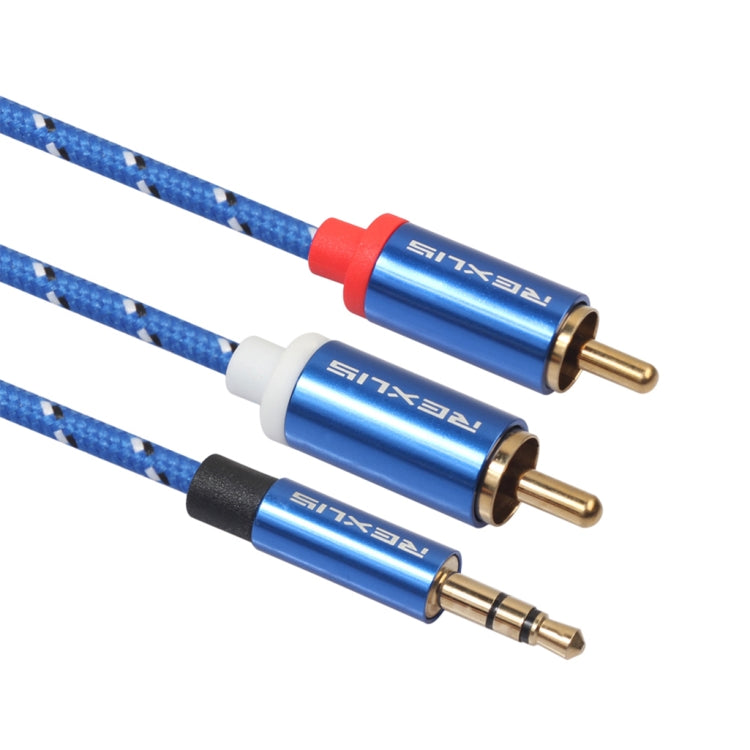 REXLIS 3610 Cavo audio intrecciato in cotone blu con spina placcata oro da maschio a doppio RCA da 3,5 mm per altoparlante attivo con interfaccia di ingresso RCA, lunghezza: 3 m, Length: 3m