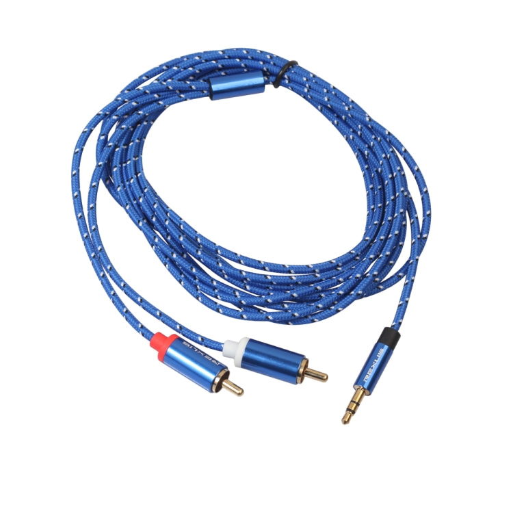 REXLIS 3610 Cavo audio intrecciato in cotone blu con spina placcata oro da maschio a doppio RCA da 3,5 mm per altoparlante attivo con interfaccia di ingresso RCA, lunghezza: 3 m, Length: 3m