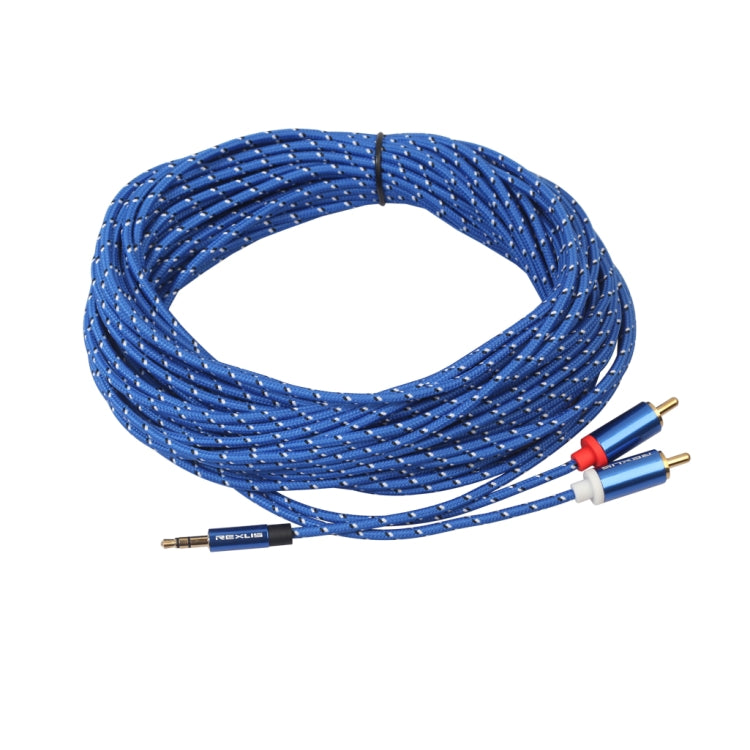 REXLIS 3610 Cavo audio intrecciato in cotone blu con spina placcata oro da maschio a doppio RCA da 3,5 mm per altoparlante attivo con interfaccia di ingresso RCA, lunghezza: 10 m, Length: 10m