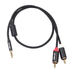 REXLIS 3635 Cavo audio intrecciato in cotone nero con spina placcata oro da maschio a doppio RCA da 3,5 mm per altoparlante attivo con interfaccia di ingresso RCA, lunghezza: 0,5 m, Length: 0.5m