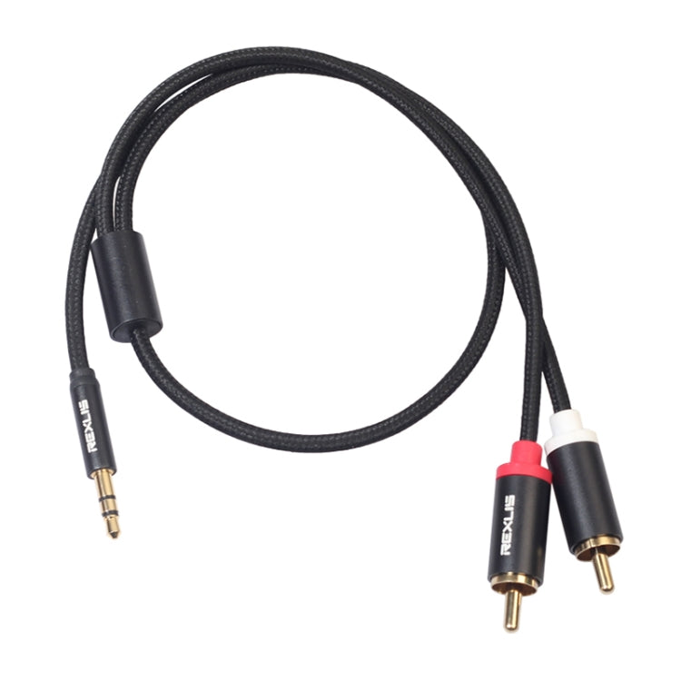 REXLIS 3635 Cavo audio intrecciato in cotone nero con spina placcata oro da maschio a doppio RCA da 3,5 mm per altoparlante attivo con interfaccia di ingresso RCA, lunghezza: 0,5 m, Length: 0.5m
