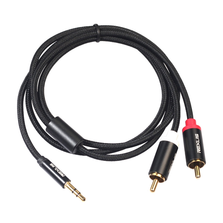REXLIS 3635 Cavo audio intrecciato in cotone nero con spina placcata oro da maschio a doppio RCA da 3,5 mm per altoparlante attivo con interfaccia di ingresso RCA, lunghezza: 1 m, Length: 1m