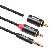 REXLIS 3635 Cavo audio intrecciato in cotone nero con spina placcata oro da maschio a doppio RCA da 3,5 mm per altoparlante attivo con interfaccia di ingresso RCA, lunghezza: 1,8 m, Length: 1.8m