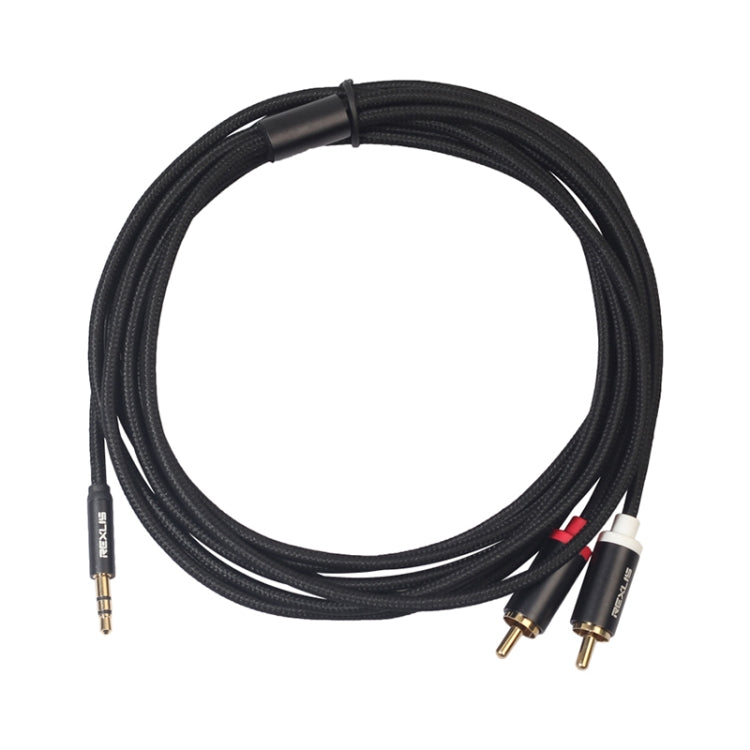 REXLIS 3635 Cavo audio intrecciato in cotone nero con spina placcata oro da maschio a doppio RCA da 3,5 mm per altoparlante attivo con interfaccia di ingresso RCA, lunghezza: 3 m, Length: 3m