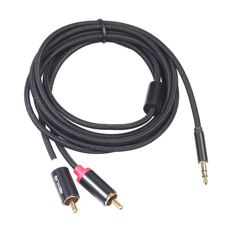 REXLIS 3635 Cavo audio intrecciato in cotone nero con spina placcata oro da maschio a doppio RCA da 3,5 mm per altoparlante attivo con interfaccia di ingresso RCA, lunghezza: 5 m, Length: 5m