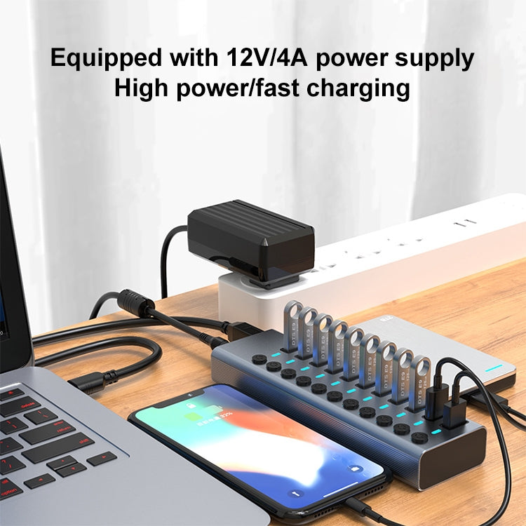 Splitter HUB USB 3.0 11 in 1 con interruttore indipendente e alimentatore 12V 4A, 11 USB 3.0