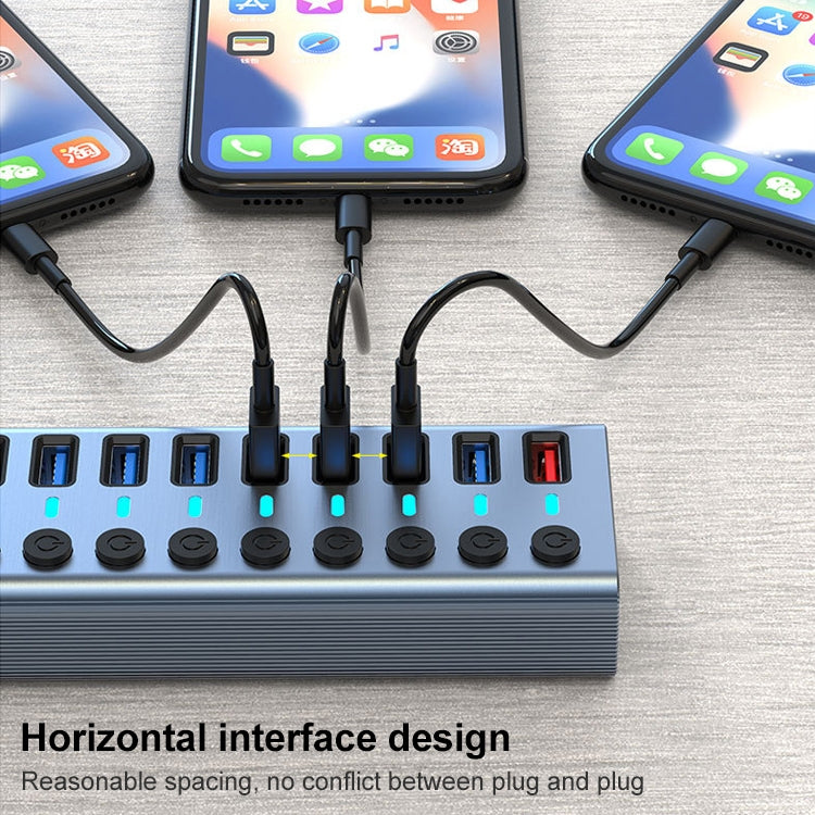 Splitter HUB USB 3.0 11 in 1 con interruttore indipendente e alimentatore 12V 4A, 11 USB 3.0