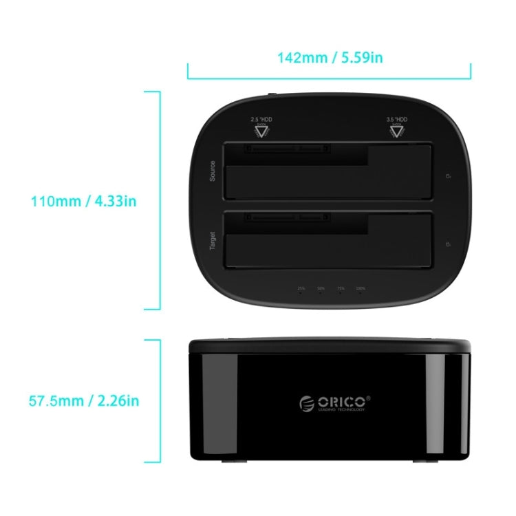 ORICO 6228US3-C 1 a 1 Clone 2 Bay USB 3.0 Tipo B a SATA Dock per disco rigido di archiviazione esterna per HDD/SSD SATA da 2,5 pollici/3,5 pollici, 1 to 1 Clone 2 Bays with Copy