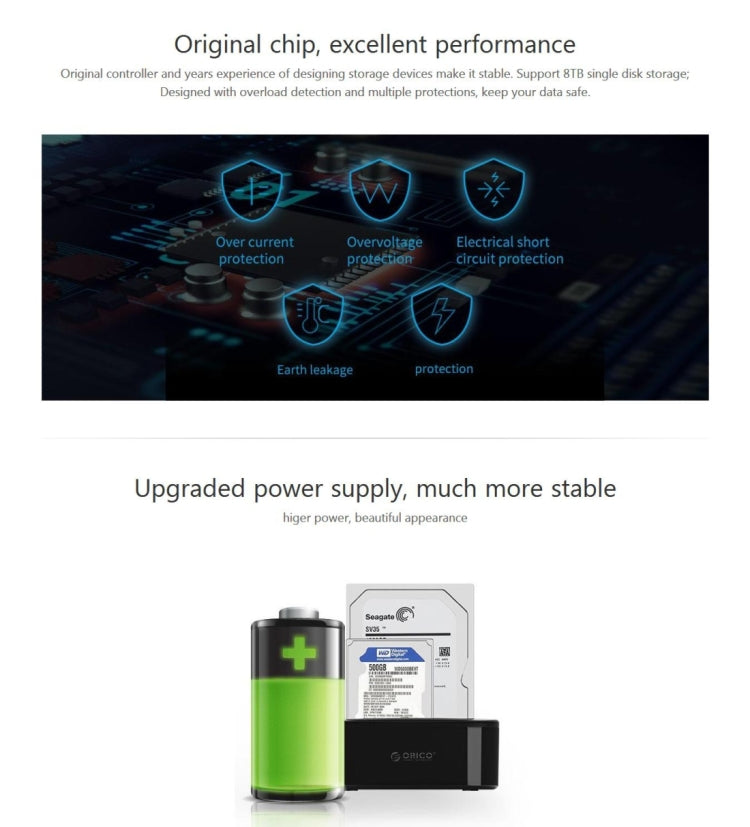 ORICO 6228US3-C 1 a 1 Clone 2 Bay USB 3.0 Tipo B a SATA Dock per disco rigido di archiviazione esterna per HDD/SSD SATA da 2,5 pollici/3,5 pollici, 1 to 1 Clone 2 Bays with Copy