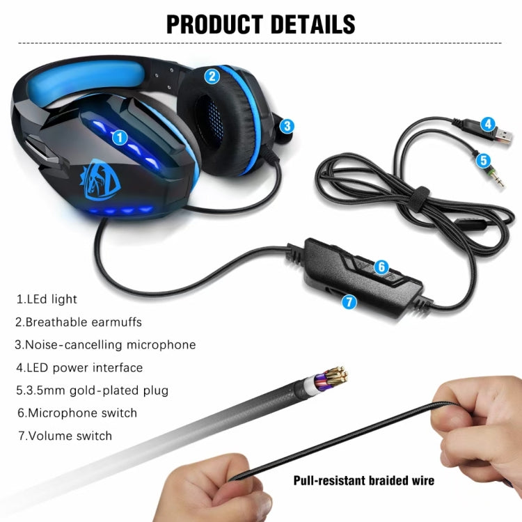 Soulbytes S11 USB + 3,5 mm Cuffie da gioco con luce LED regolabile a 4 pin con microfono, S11(Blue), S11(Red)